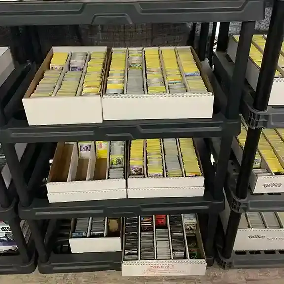 Shelves of long boxes filled with cards
