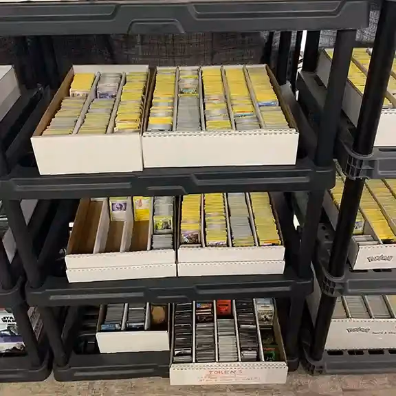 Shelves of long boxes filled with cards