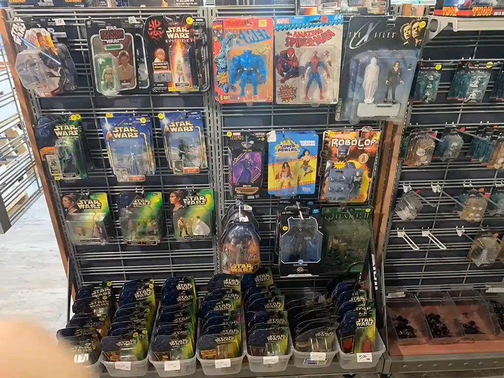 A wall of packaged action figures