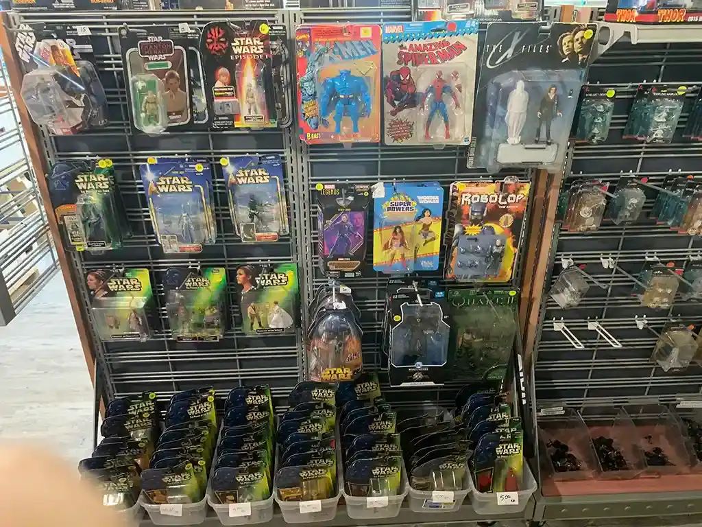 A wall of packaged action figures