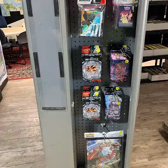 A pegboard of card sleeves and accessories